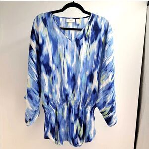 Chico’s Lynnea Tunic Top 2 3/4 Sleeve Smocked V-Neck Deep Ultra Marine‎ Blue Nwt